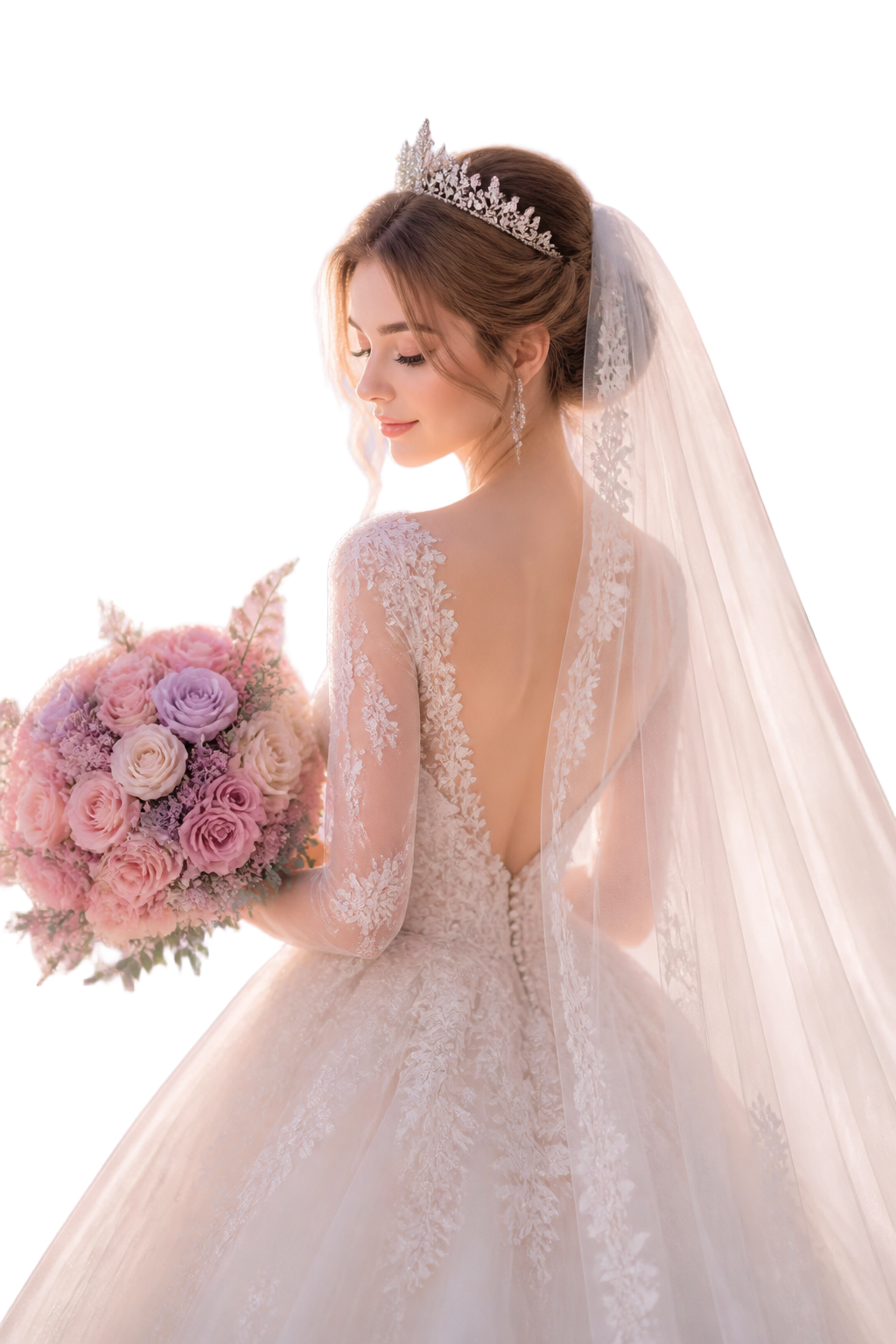 Novia elegante con vestido blanco, velo y tiara sosteniendo un ramo de rosas rosa y lavanda